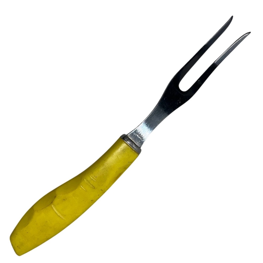 Vintage | Stainless USA | Carving Fork‎ | Plastic Yellow Handle Kitchen | FLAW